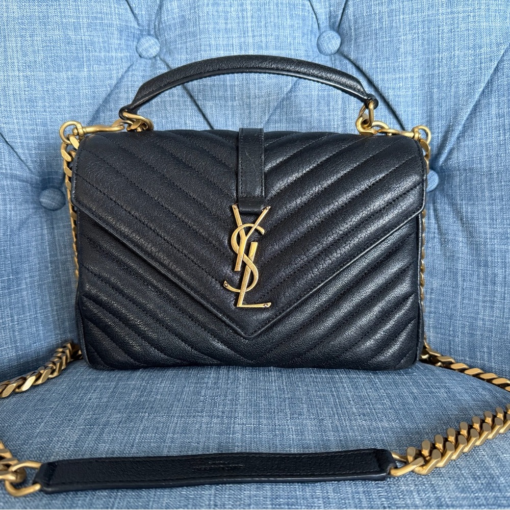 Saint Laurent Medium College Bag Black Chevron YSL Chain Shoulder Authentic - Picture 12 of 17